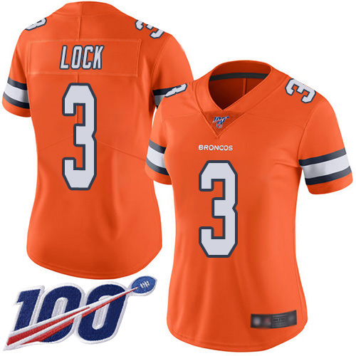 Denver Broncos Limited Women Orange Drew Lock 100th Season Jersey #3 Rush Vapor Untouchable NFL Football Nike->women nfl jersey->Women Jersey